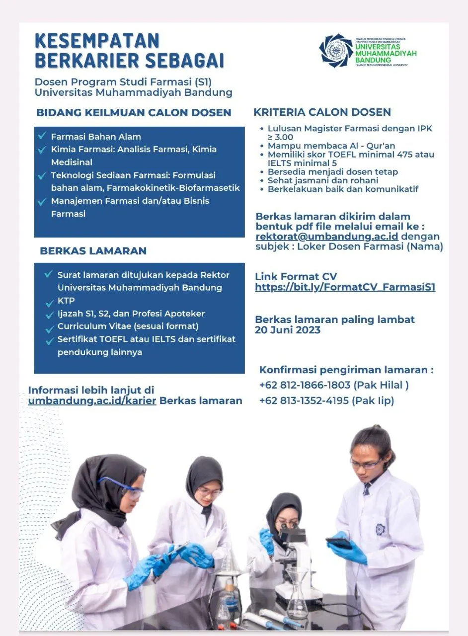 Foto pendukung: Universitas Muhammadiyah Bandung Membuka Kesempatan Berkarier Sebagai Dosen Program Studi Farmasi S1