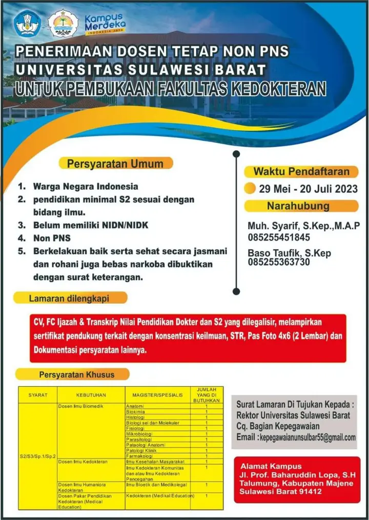 Ilustrasi Universitas Sulawesi Barat membuka pendaftaran dosen tetap non PNS untuk Fakultas Kedokteran